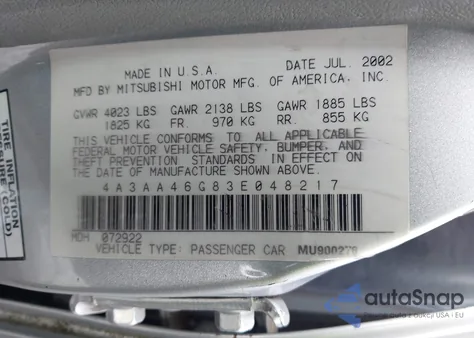 2003 Mitsubishi Galant Es/Ls z USA, uszkodzony, nr VIN 4A3AA46G83E048217